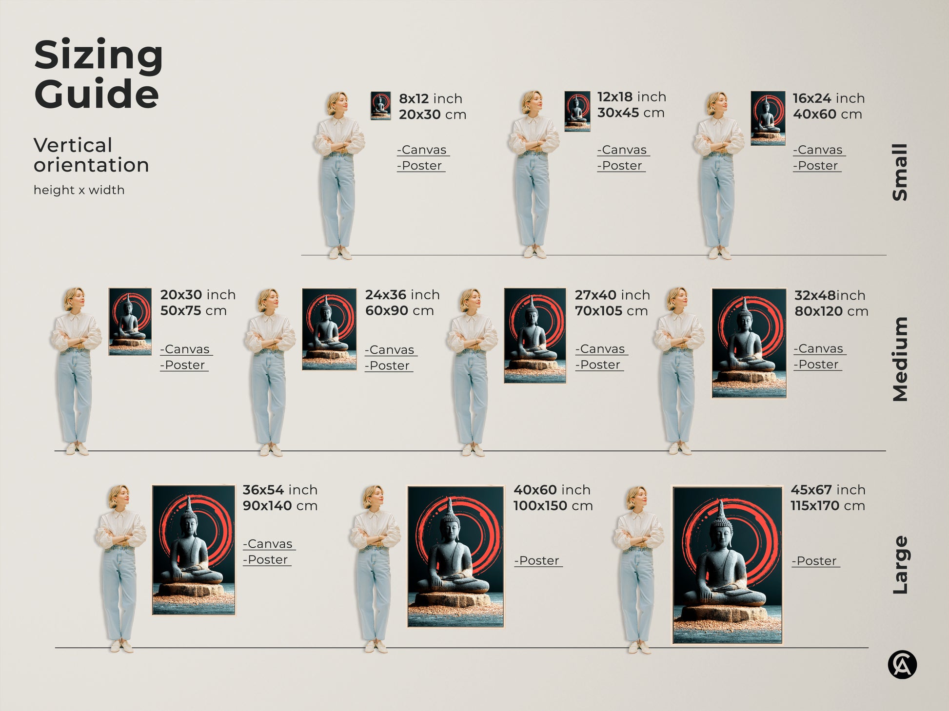 Sizing guide for Japandi Zen Buddha art prints. Vertical orientation options are shown in small medium and large. Visualize the impact of canvas and poster prints. Find the perfect fit for your minimalist meditation wall decor. Transform your space now.