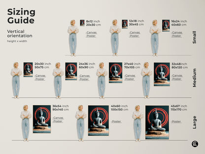 Sizing guide for Japandi Zen Buddha art prints. Vertical orientation options are shown in small medium and large. Visualize the impact of canvas and poster prints. Find the perfect fit for your minimalist meditation wall decor. Transform your space now.