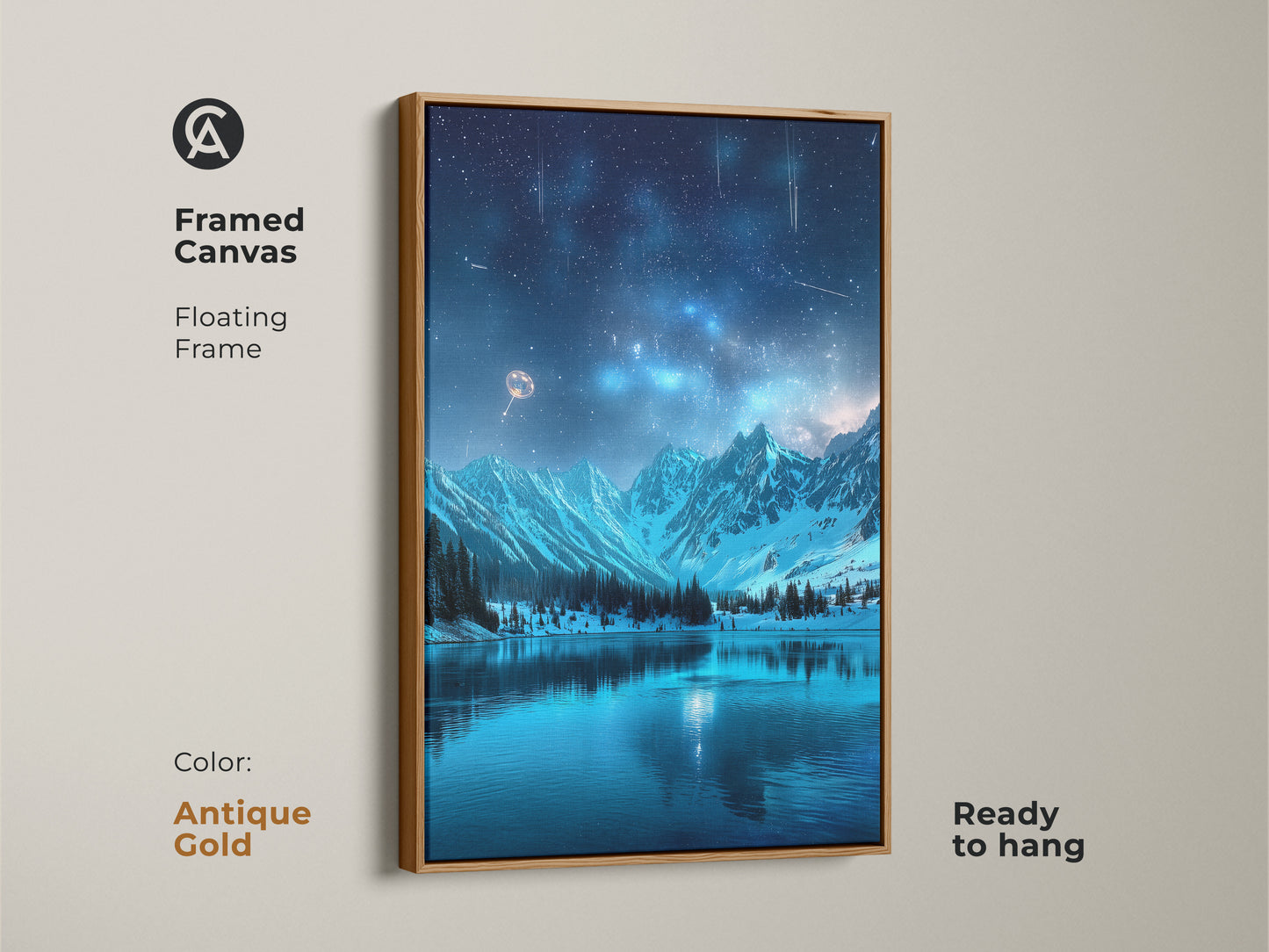 Framed Canvas with Antique Gold Floating Frame displaying Fantasy Starry Sky Wall Art. The celestial lake artwork shows snowy mountains reflected in a tranquil lake under a star-filled sky. Ready to hang in any room. Unique sci-fi decor.