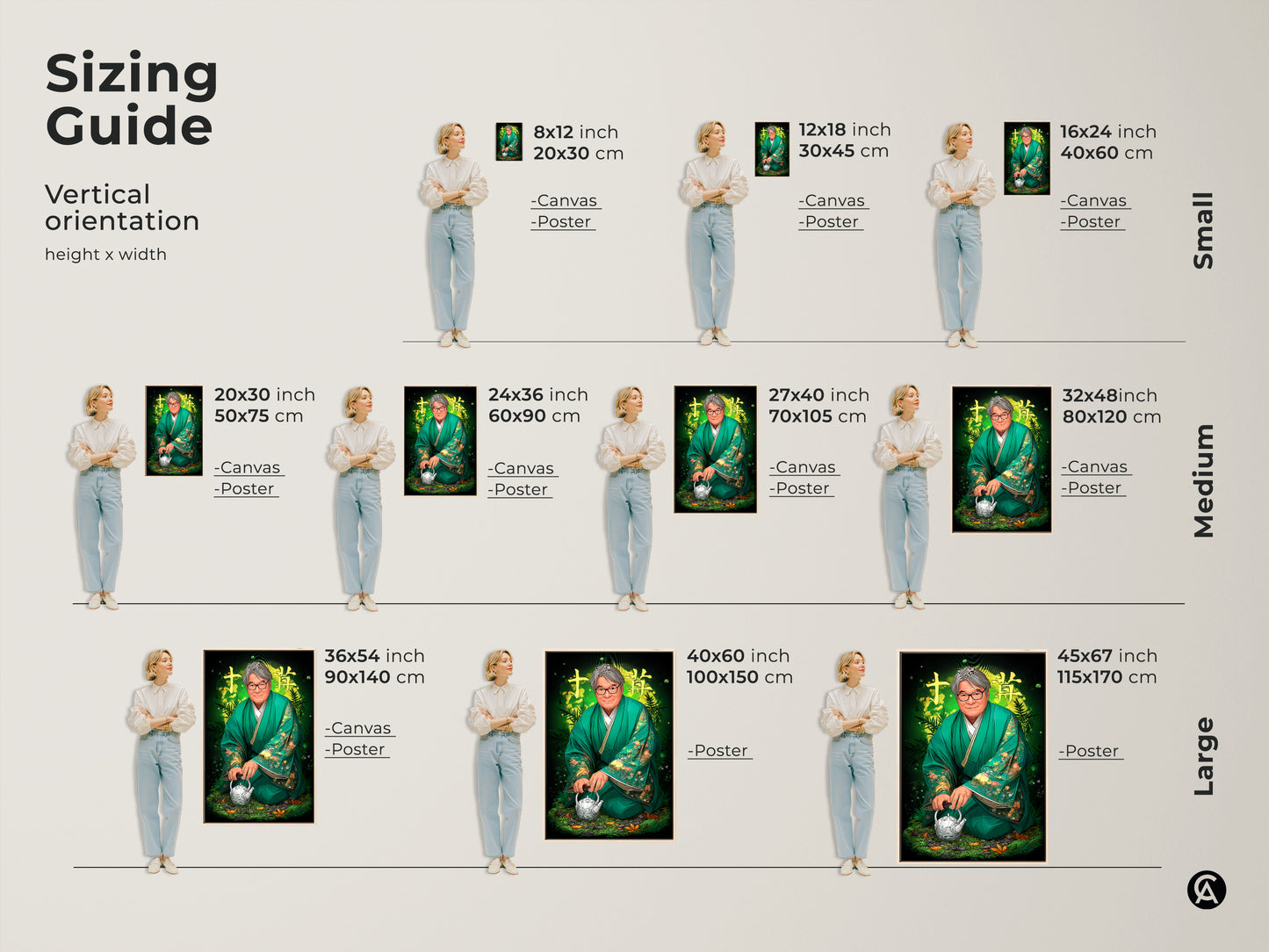 Sizing guide for zen portrait canvas and poster art. Vertical orientation height x width. Small medium and large sizes available. Find the perfect emerald green kimono art print for your space.