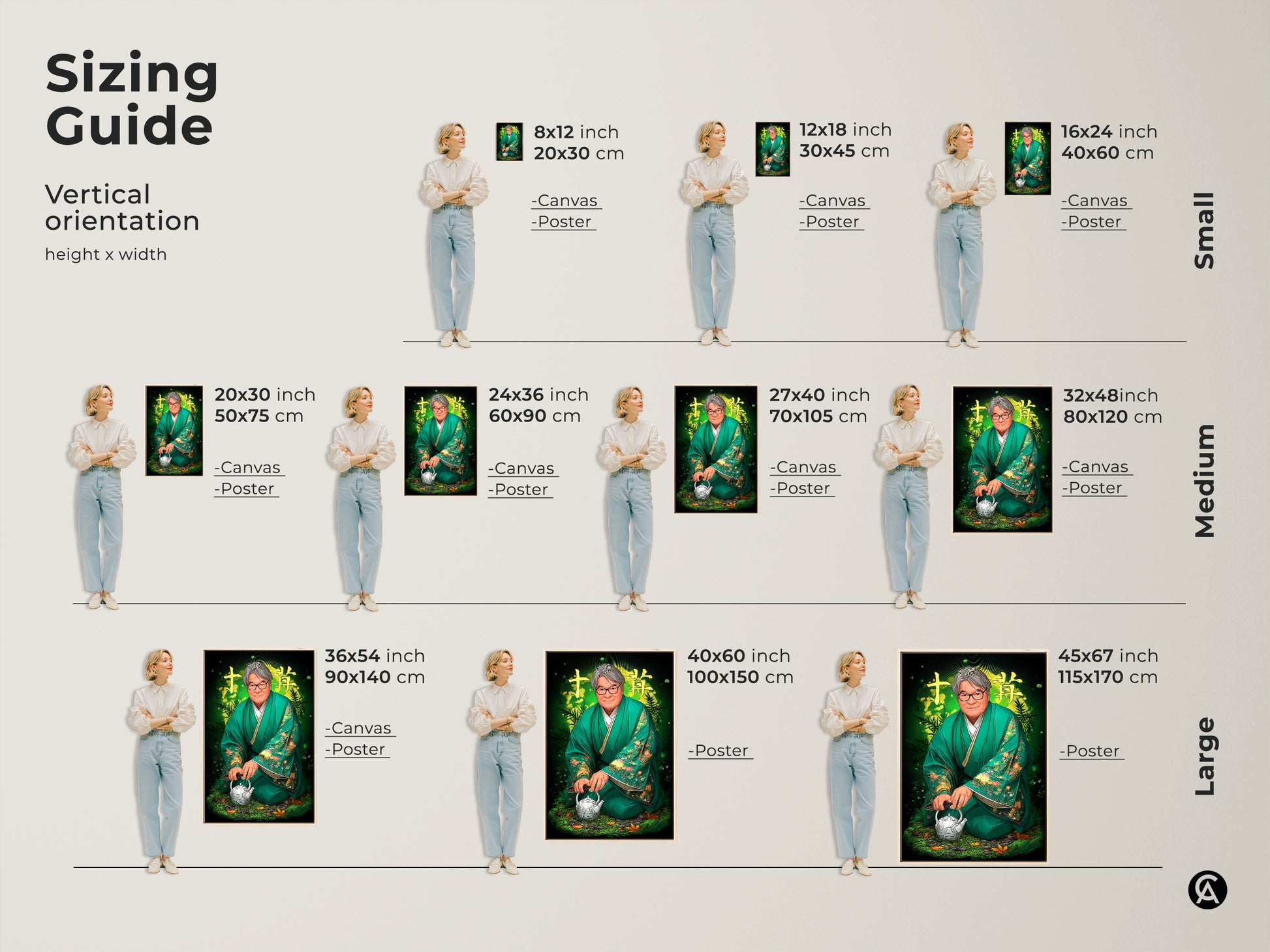 Sizing guide for zen portrait canvas and poster art. Vertical orientation height x width. Small medium and large sizes available. Find the perfect emerald green kimono art print for your space.