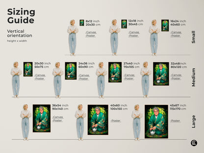 Sizing guide for zen portrait canvas and poster art. Vertical orientation height x width. Small medium and large sizes available. Find the perfect emerald green kimono art print for your space.