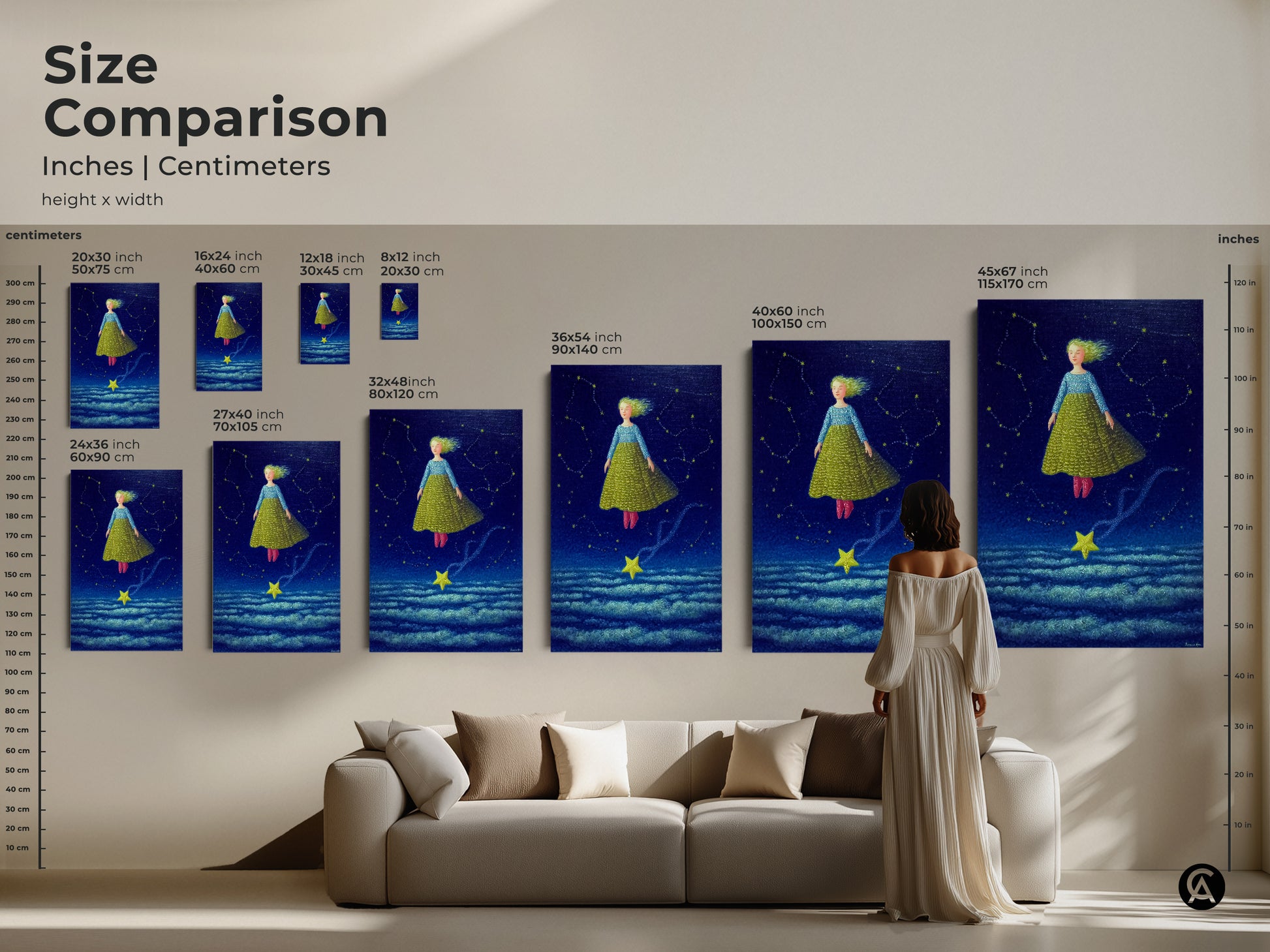 A size comparison of the celestial girl art print. This fantasy art comes in multiple sizes perfect for any room. See how this dreamscape wall decor looks above a sofa. The boho-inspired artwork adds a magical touch to a nursery or kids' room. It is available in various dimensions and formats.