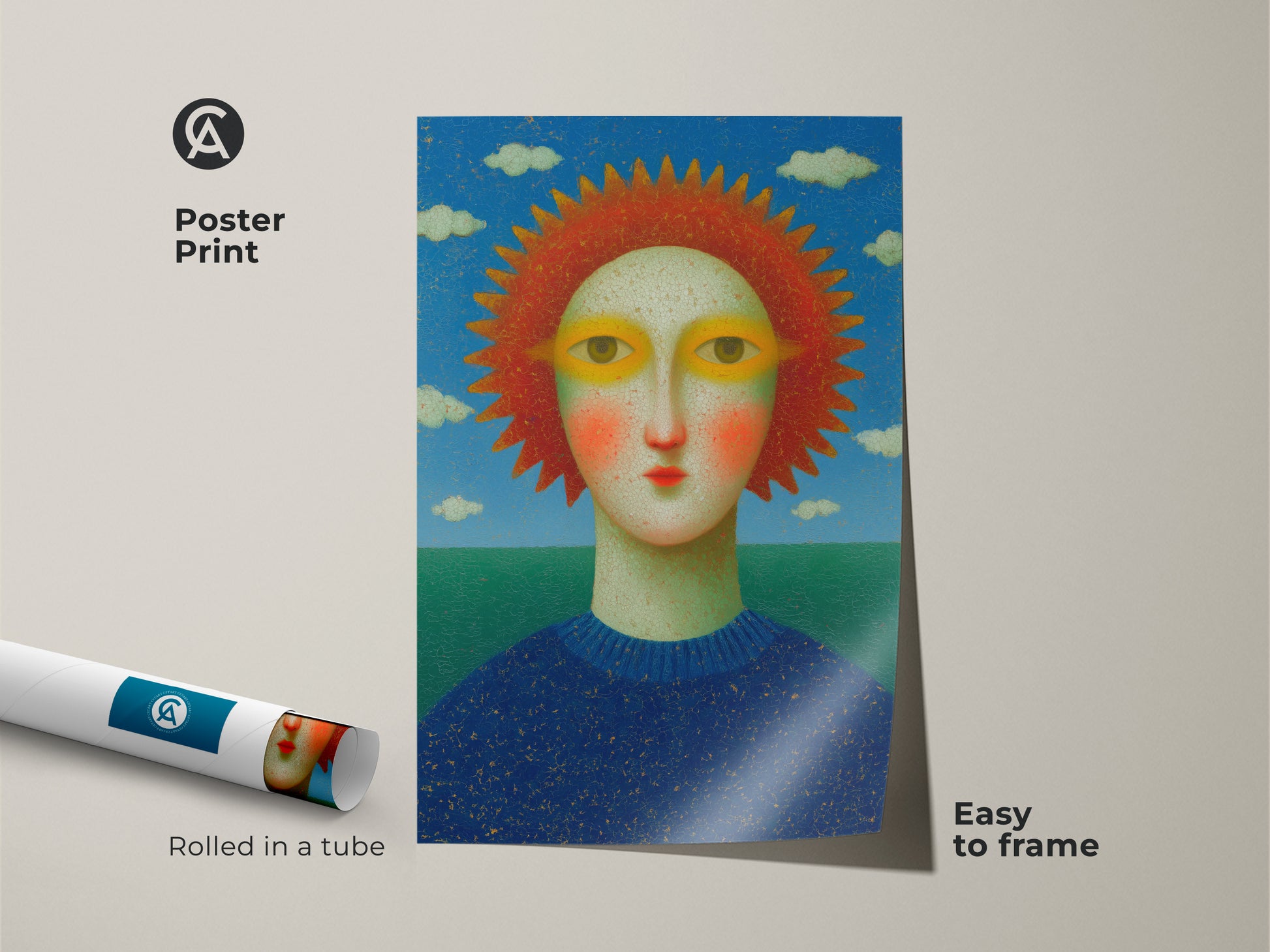 A vibrant eclectic blue red and green canvas art piece. This modern folk artwork print features a surreal sun face. This wall hanging brings a bohemian aesthetic to any space. It is a thoughtful birthday gift for art enthusiasts.