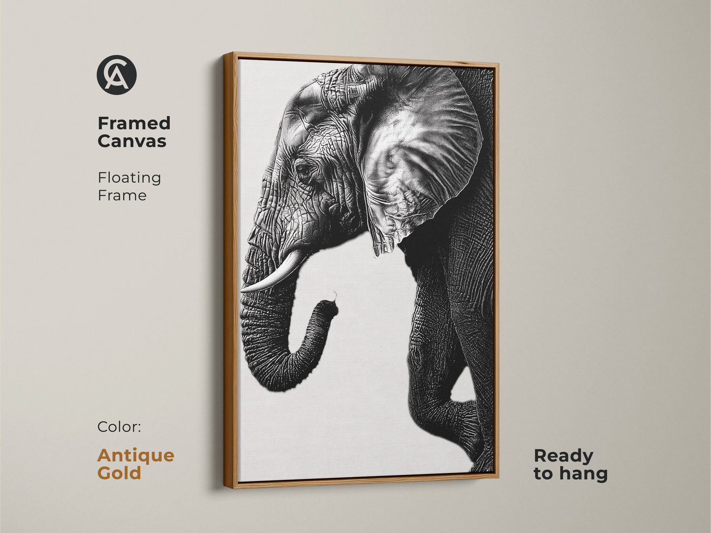 Antique gold framed canvas of a minimalist elephant art print. This monochrome animal canvas is ready to hang. The black and white elephant wall art is visually striking.