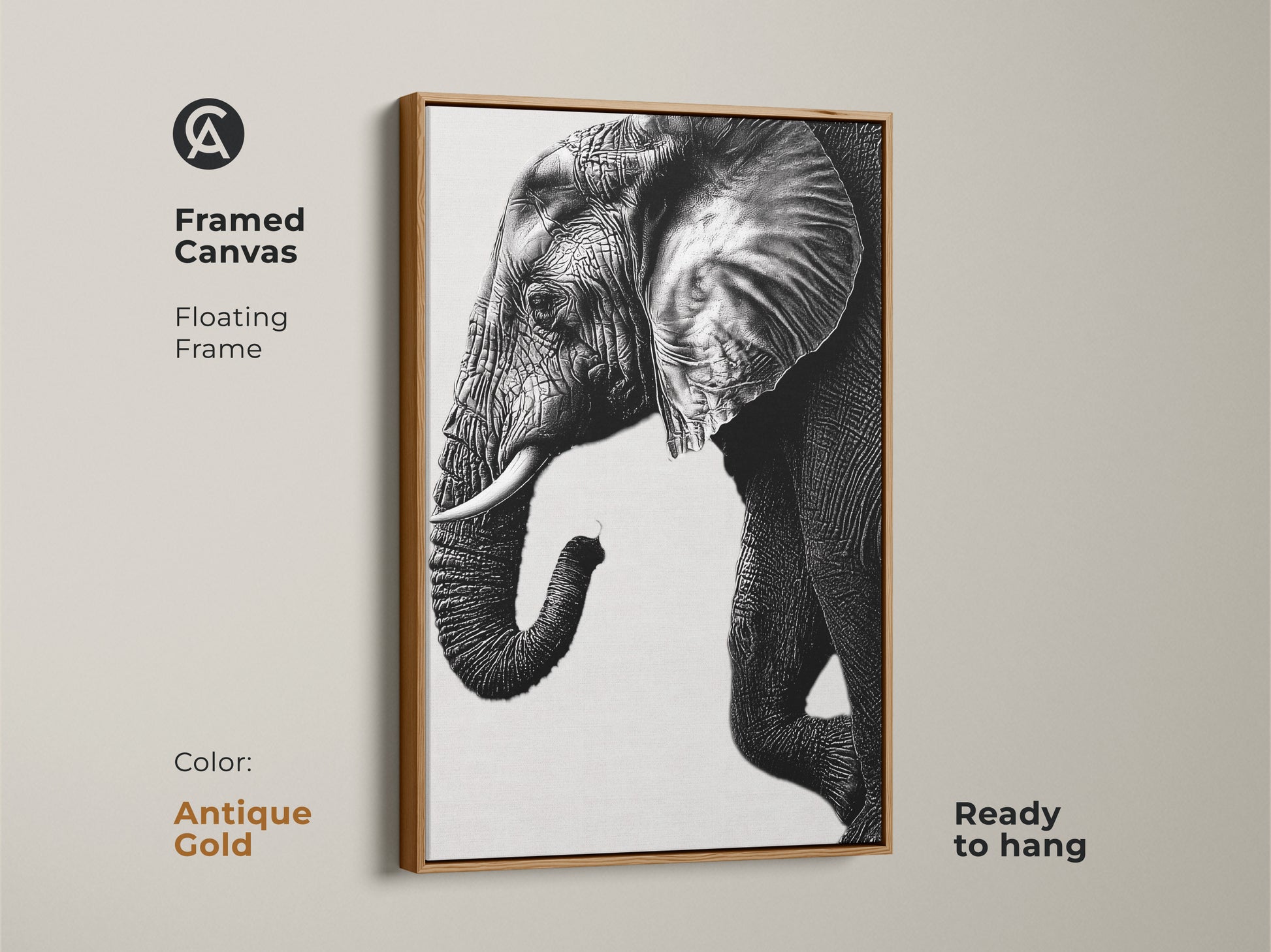 Antique gold framed canvas of a minimalist elephant art print. This monochrome animal canvas is ready to hang. The black and white elephant wall art is visually striking.
