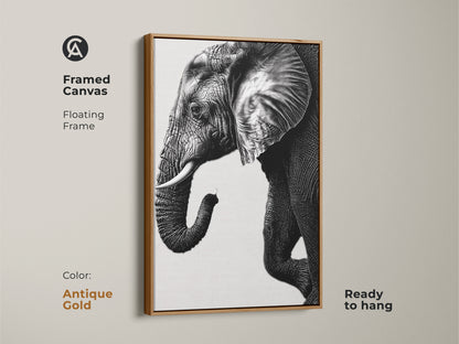 Antique gold framed canvas of a minimalist elephant art print. This monochrome animal canvas is ready to hang. The black and white elephant wall art is visually striking.