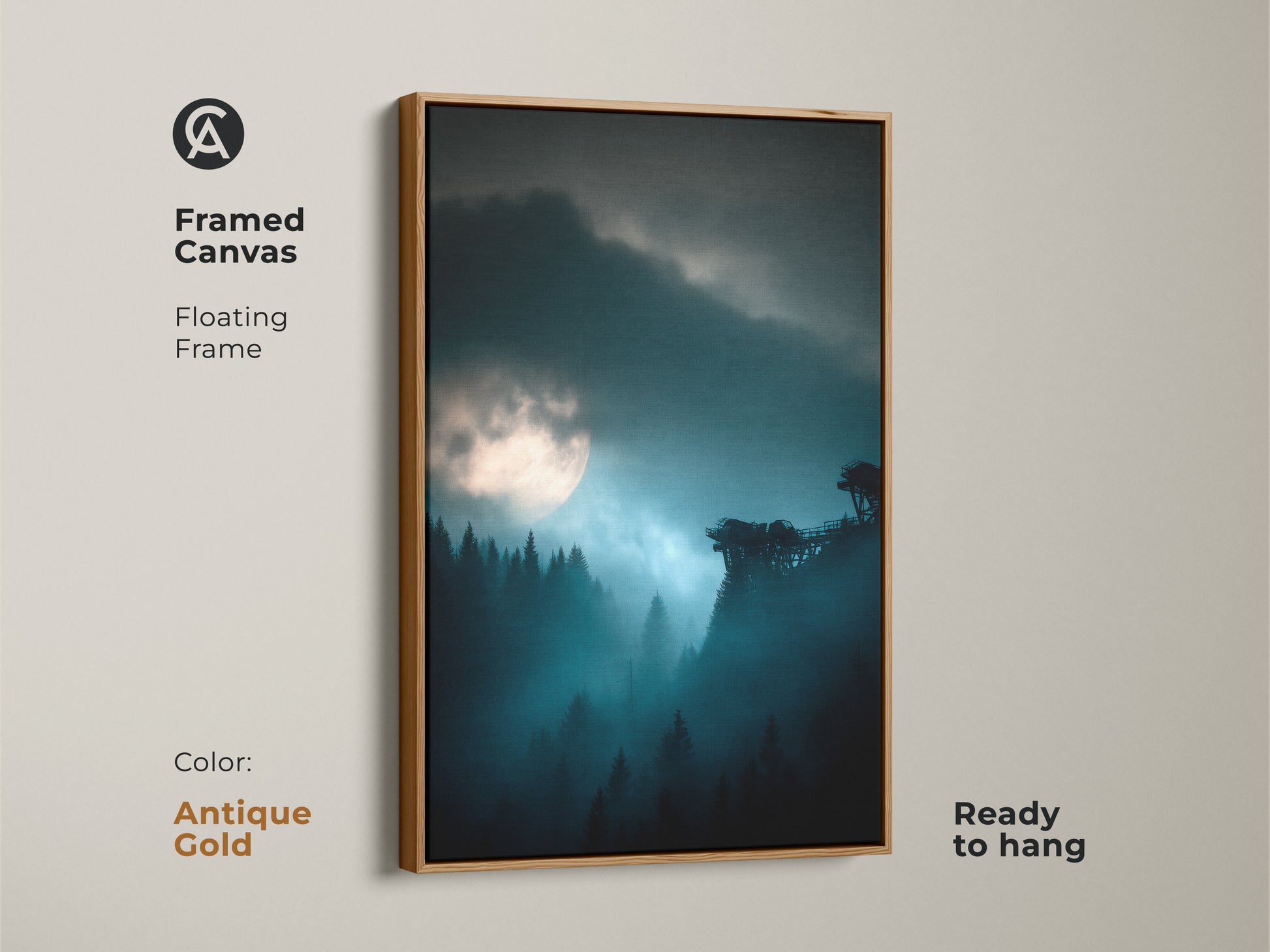 Antique gold framed canvas of a deep blue moonlit forest. A misty night landscape wall art that adds elegance. This atmospheric forest scene is perfect as bedroom decor. The modern blue teal nature artwork is ready to hang. A unique housewarming gift.