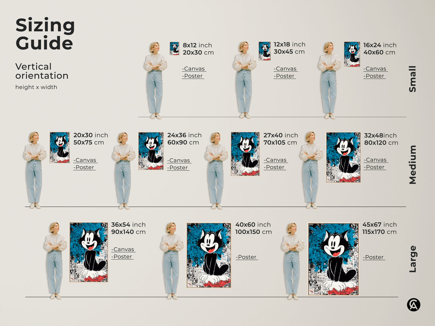 Sizing guide for Felix the Cat artwork. Visualize the art in various sizes. Options available in canvas and poster. Find the perfect fit for your space. Discover cartoon art that complements your home.