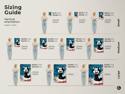 Sizing guide for Felix the Cat artwork. Visualize the art in various sizes. Options available in canvas and poster. Find the perfect fit for your space. Discover cartoon art that complements your home.
