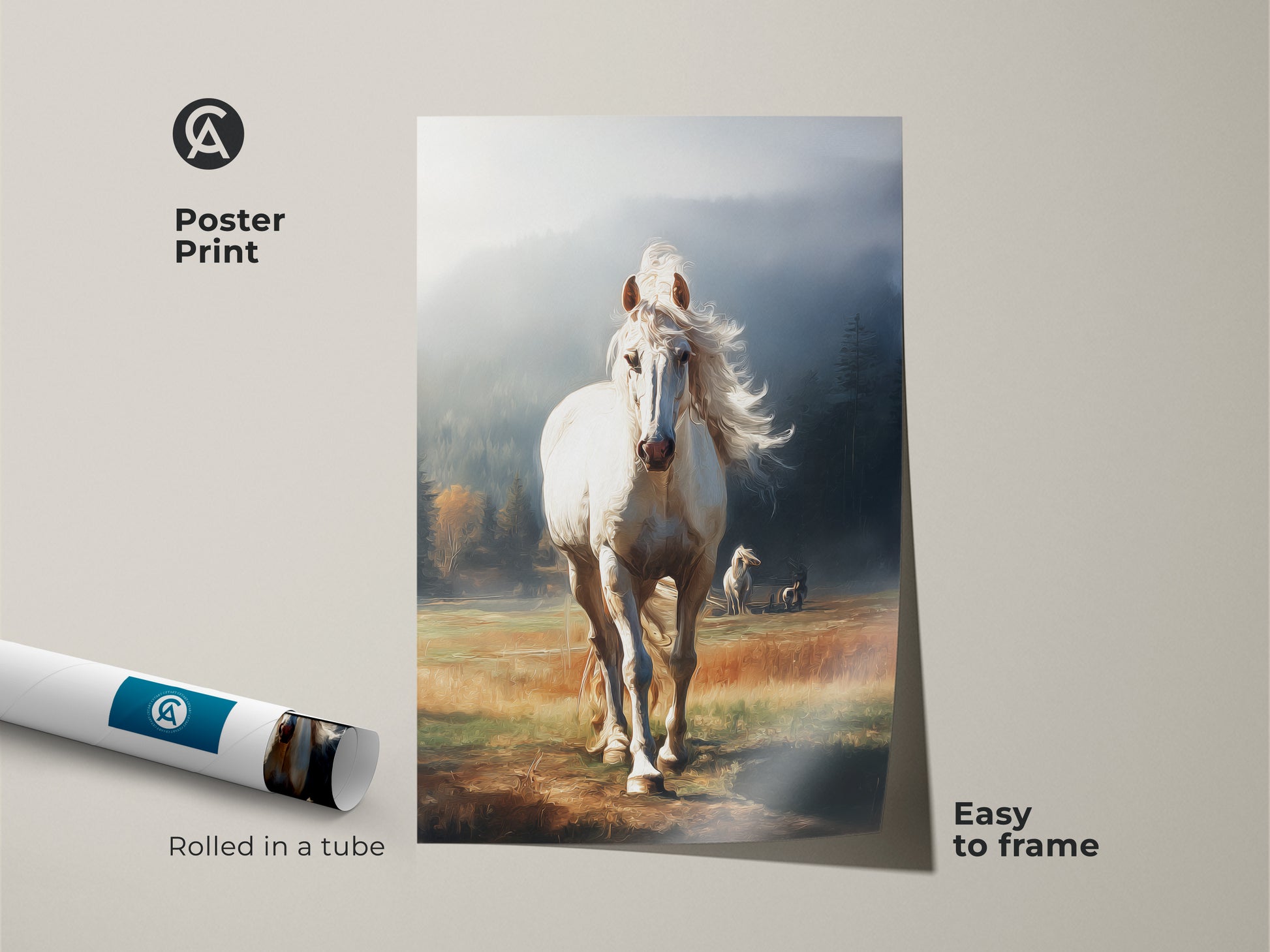 Poster print of a white horse wall art. This realistic animal artwork is rolled in a tube. The misty blue landscape is easy to frame. Ideal equestrian gift for animal and nature lovers.