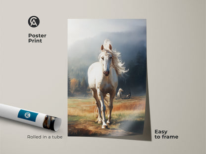 Poster print of a white horse wall art. This realistic animal artwork is rolled in a tube. The misty blue landscape is easy to frame. Ideal equestrian gift for animal and nature lovers.
