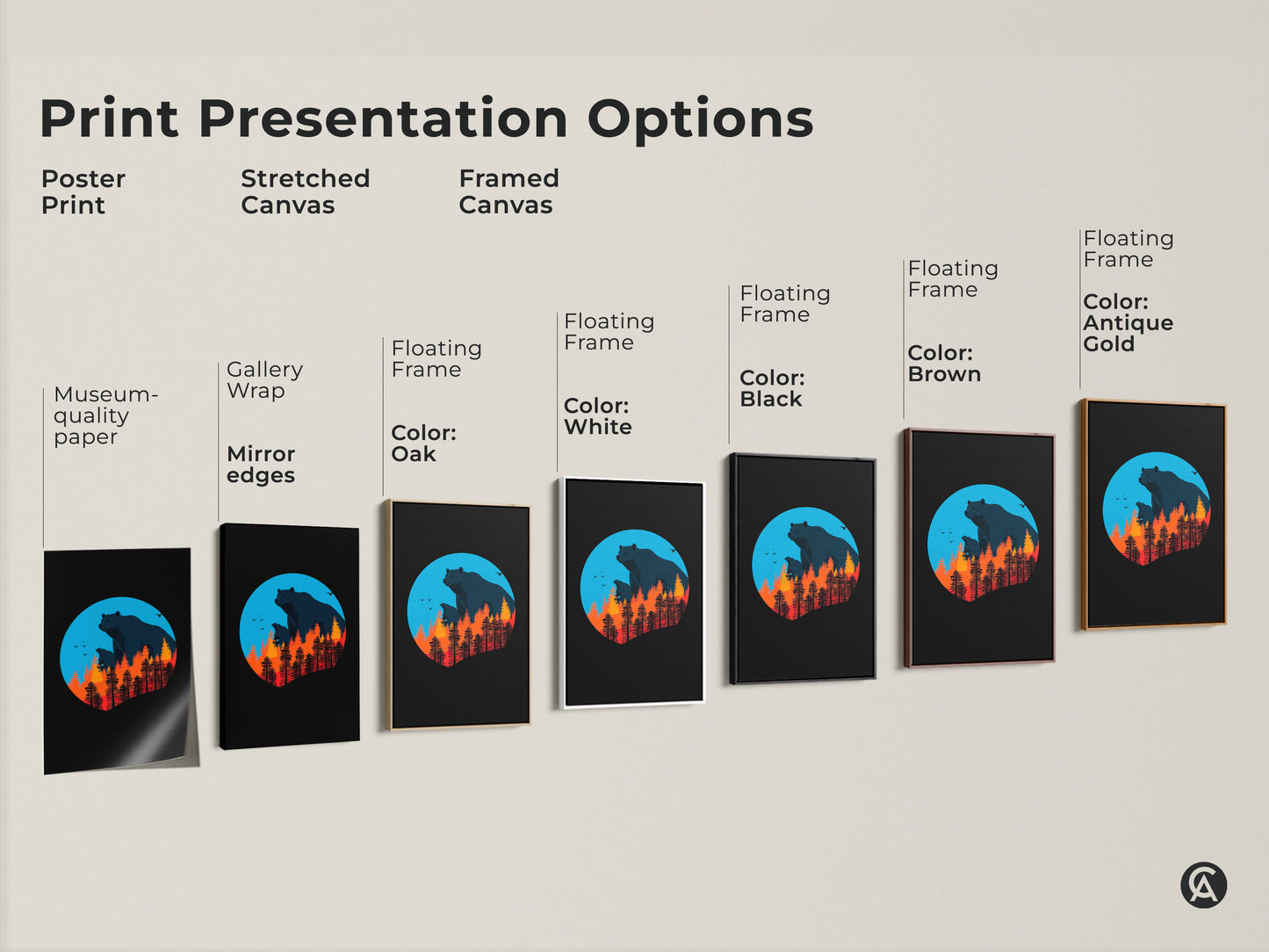 Explore presentation options for this bear family art print like poster stretched or framed canvas. Each style enhances the minimalist woodland artwork. Colors include black brown antique gold and oak to suit your style.