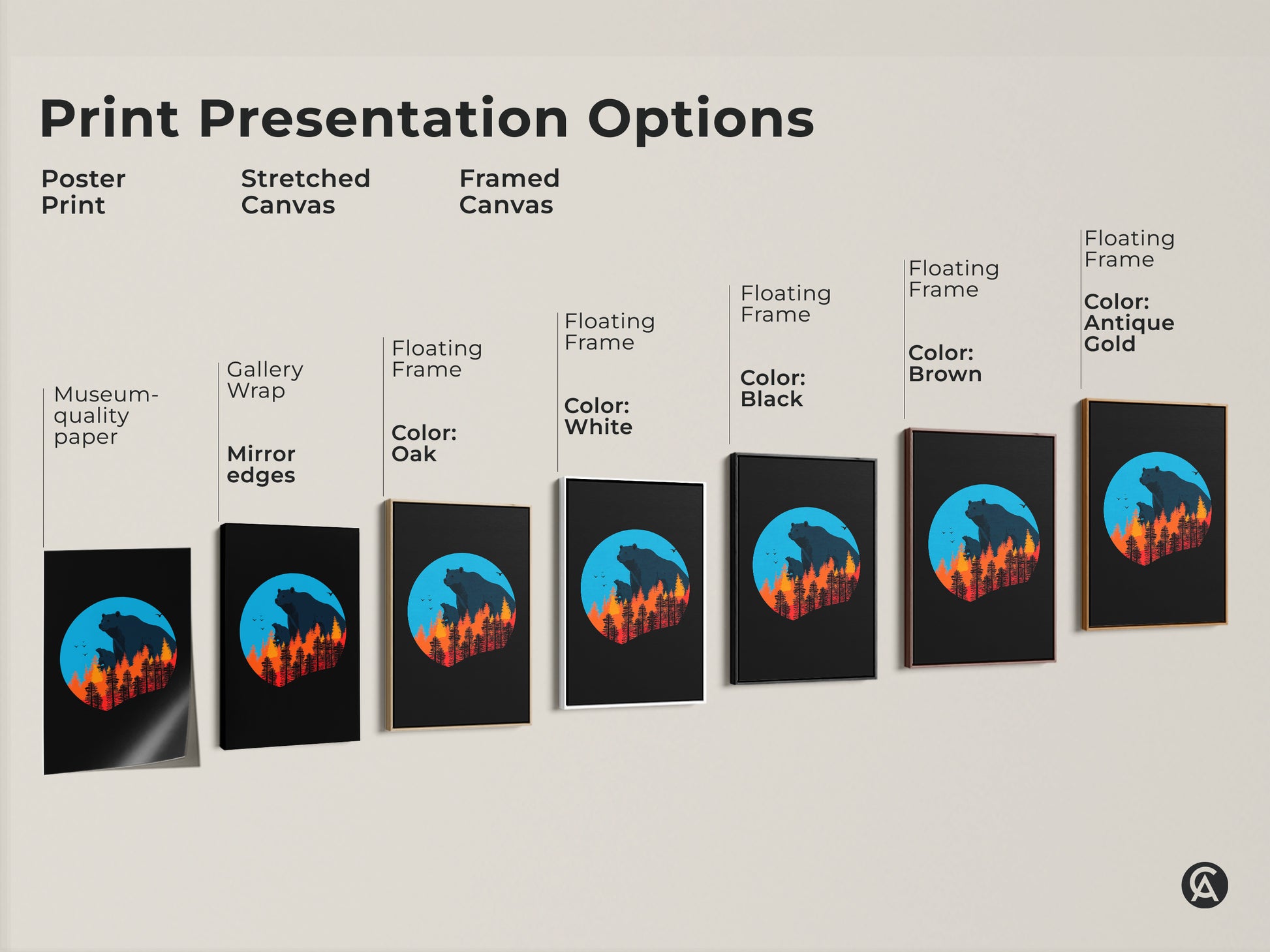 Explore presentation options for this bear family art print like poster stretched or framed canvas. Each style enhances the minimalist woodland artwork. Colors include black brown antique gold and oak to suit your style.