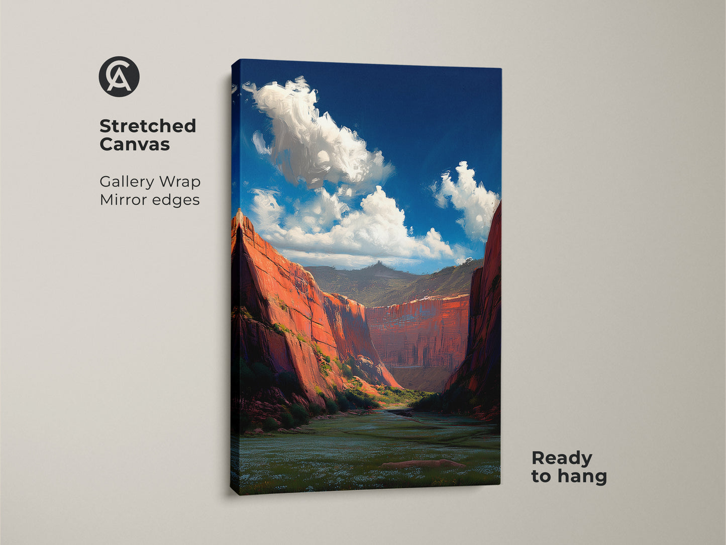 A stretched canvas gallery wrap of a red rock canyon landscape. This impressionistic nature artwork is ready to hang. The scenic nature art print shows the vibrant landscape and outdoor adventure scenery. It’s a perfect gift for outdoor enthusiasts and lovers of rustic artwork.