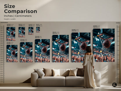 Size comparison of basketball art prints in inches and centimeters. See how different sizes look in a living room setting. Choose from various sizes to match your space. Find the perfect fit for your canvas or poster print today.