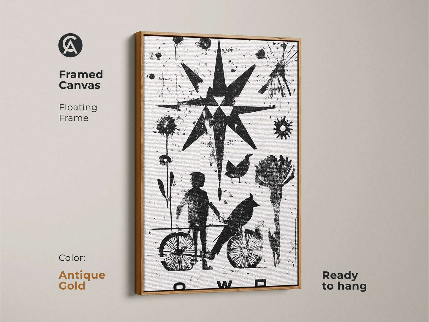 Framed canvas in antique gold showing minimalist abstract linocut art. The black and white print displays a child on a bicycle with a bird and starburst. Ready to hang this eclectic canvas adds a modern touch. Perfect as a unique housewarming gift.