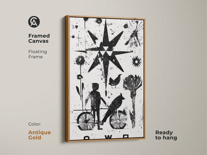 Framed canvas in antique gold showing minimalist abstract linocut art. The black and white print displays a child on a bicycle with a bird and starburst. Ready to hang this eclectic canvas adds a modern touch. Perfect as a unique housewarming gift.