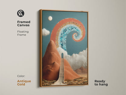 Framed Canvas print in Antique Gold featuring a surreal stairway to an archway. The abstract spiral art in terracotta and deep blue. Ready to hang this adds a spiritual touch to any space. The perfect Eclectic art for your office landscape canvas.