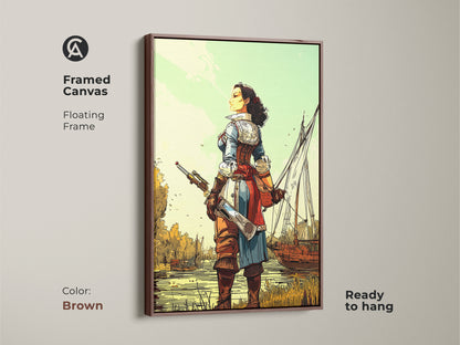 Framed Canvas featuring a Female Pirate Captain with Sailing Ship. Floating frame in brown tones. This nautical adventure artwork enhances a captain's quarters decor. It mixes comic style art with storytelling wall decor. Ideal art print for creating an adventurous office space.