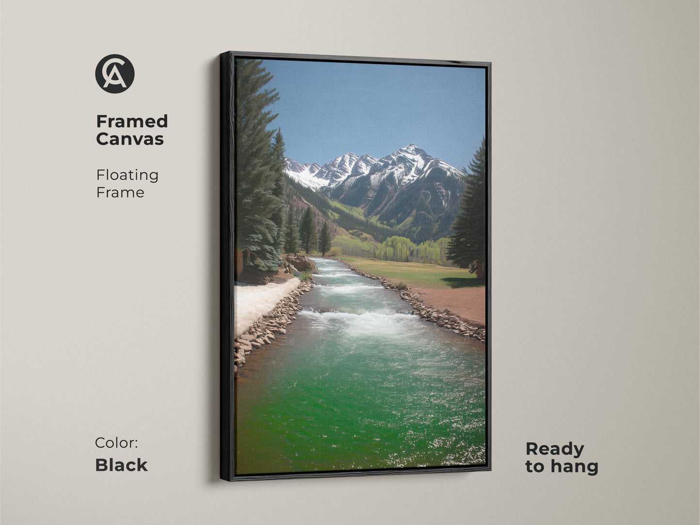 Framed canvas of a turquoise river landscape art. Floating in a sleek black frame this rustic mountain scene is ready to hang. The pine trees and snow capped mountains add a touch of nature. Great wall art for any home.