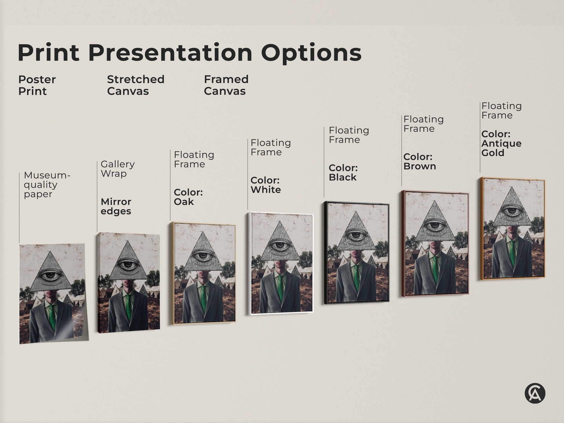 Explore print options for surrealist collage art. Choose poster prints stretched or framed canvas. Styles include floating frames in black brown white or antique gold. Enhance any space.