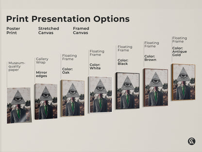 Explore print options for surrealist collage art. Choose poster prints stretched or framed canvas. Styles include floating frames in black brown white or antique gold. Enhance any space.