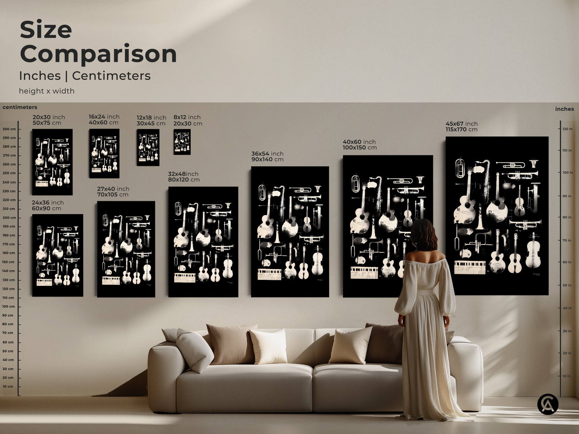 Size comparison of musical instrument artwork in inches and centimeters. Visualize the dimensions to find the perfect fit for your room. Various sizes are available to suit different spaces. Discover the ideal scale to enhance your interior decor