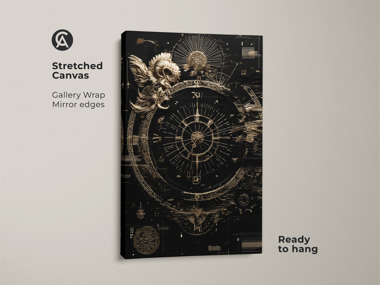 Stretched Canvas Gallery Wrap showcasing the Ram Compass Abstract Art. The Esoteric Steampunk Astrology design is ready to hang. This black gold artwork will enhance your office decor.