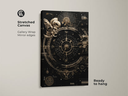 Stretched Canvas Gallery Wrap showcasing the Ram Compass Abstract Art. The Esoteric Steampunk Astrology design is ready to hang. This black gold artwork will enhance your office decor.