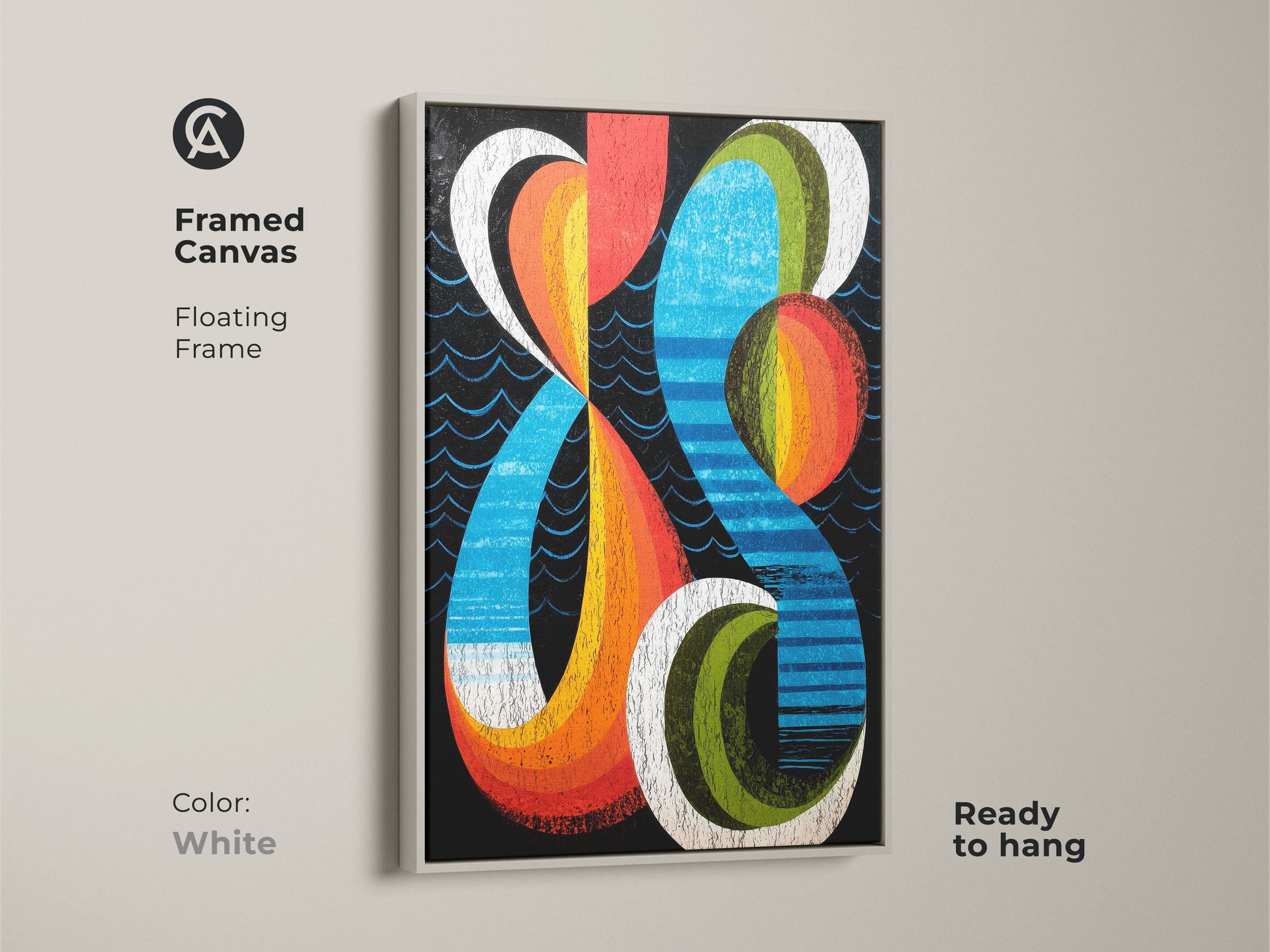 Framed canvas with a white floating frame showcasing abstract geometric artwork. The mid-century modern art print features retro orange blue and red. This vibrant piece of artwork is ready to hang. It can enhance your office or home with a touch of contemporary abstract art.