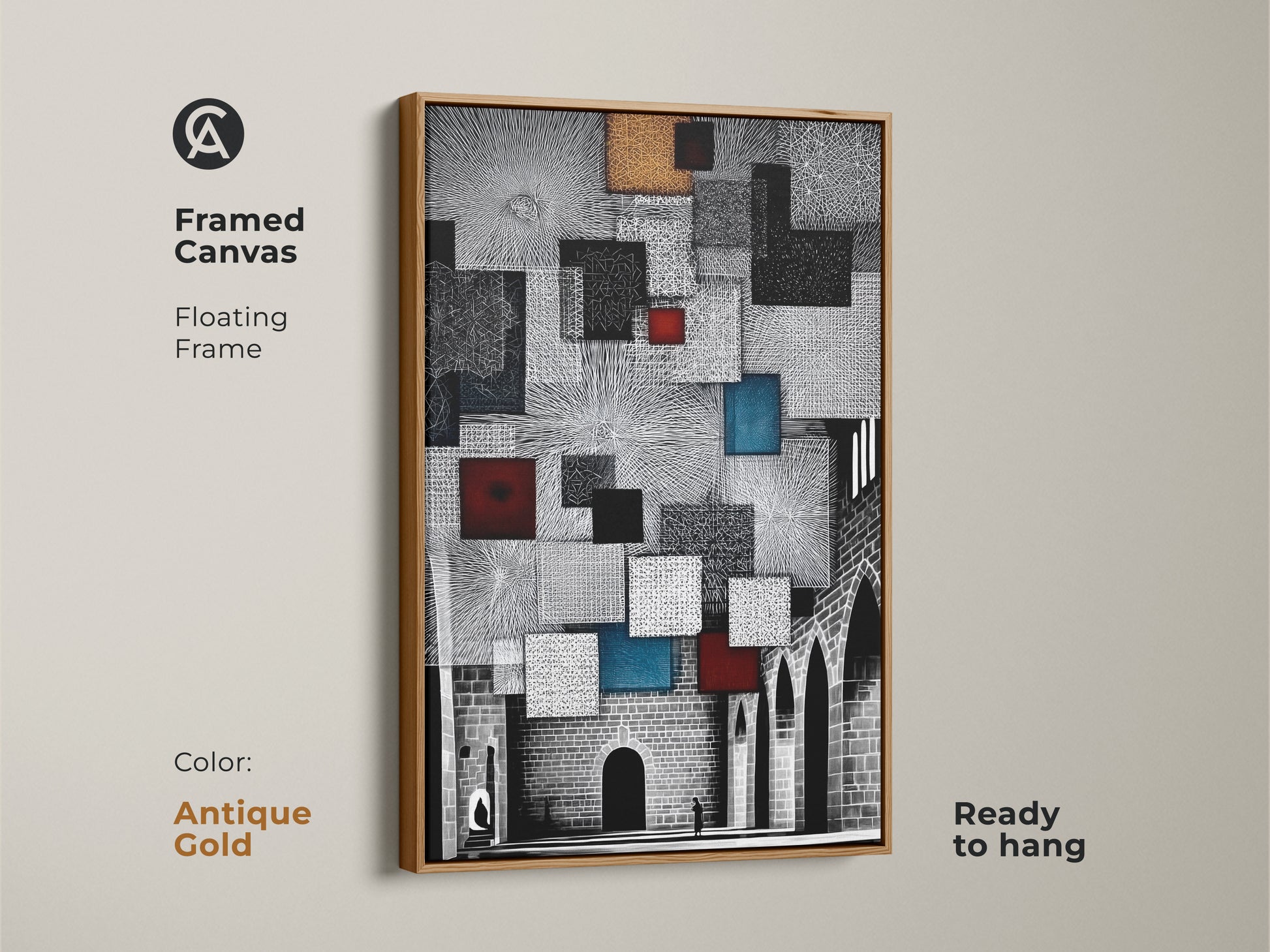 Antique Gold frame geometric cityscape art print. This floating frame adds a modern touch. The wall art features black white blue and red colors. An abstract architecture piece ready to hang.