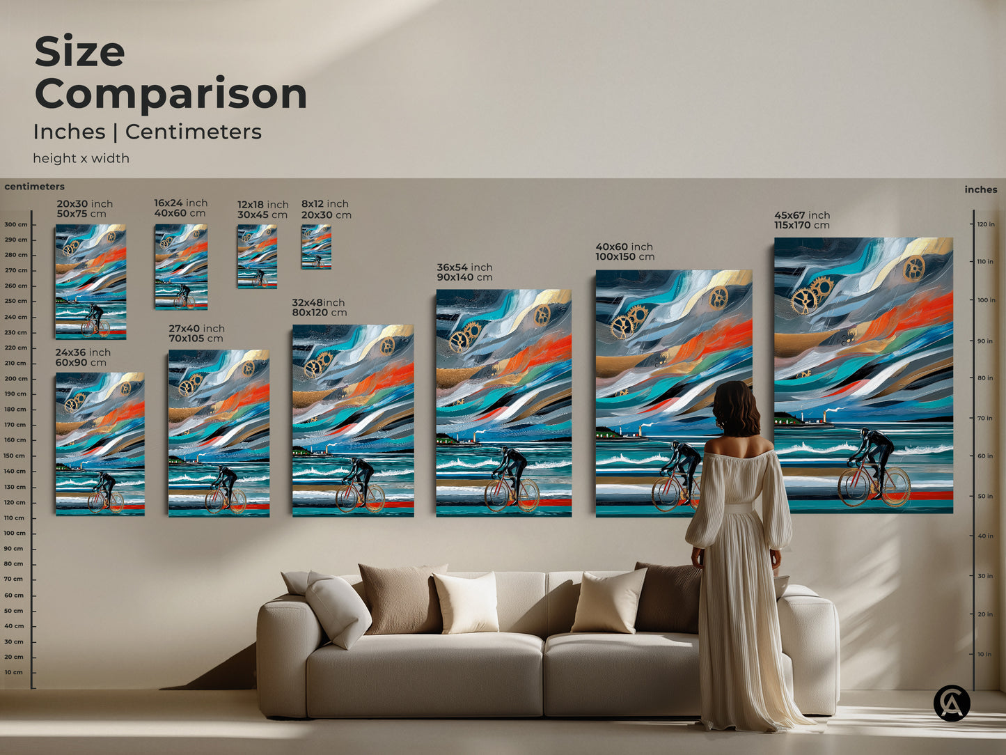 Size comparison of abstract cyclist artwork in inches and centimeters. Various sizes are available for canvas and poster prints. See how the artwork looks in a living room. The artwork is great for cycling enthusiasts. 