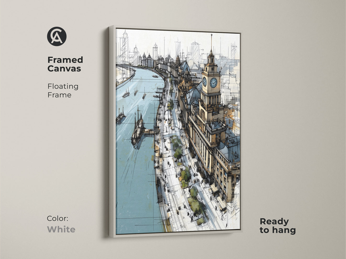White framed canvas art print featuring a detailed cityscape sketch. This ready-to-hang artwork has a floating frame. Beige brown and blue contemporary art is ideal for office decor. A thoughtful housewarming gift for art enthusiasts.