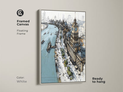 White framed canvas art print featuring a detailed cityscape sketch. This ready-to-hang artwork has a floating frame. Beige brown and blue contemporary art is ideal for office decor. A thoughtful housewarming gift for art enthusiasts.