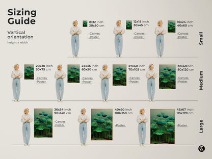 Sizing guide for Emerald Zen Ink Lotus Wall Art. This vertical orientation chart shows canvas and poster options. Sizes range from small 8x12 to large 45x67 inches. This minimalist bedroom decor fits various spaces as wall art.