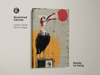 View a stretched canvas print showcasing surreal bird artwork. This gallery-wrapped piece features a bird on a vintage radio. The eclectic art is perfect for office decor or as a unique housewarming gift. The red yellow grey palette complements any space. This is ready to hang bringing retro charm and personality to your walls. Perfect for art collectors.