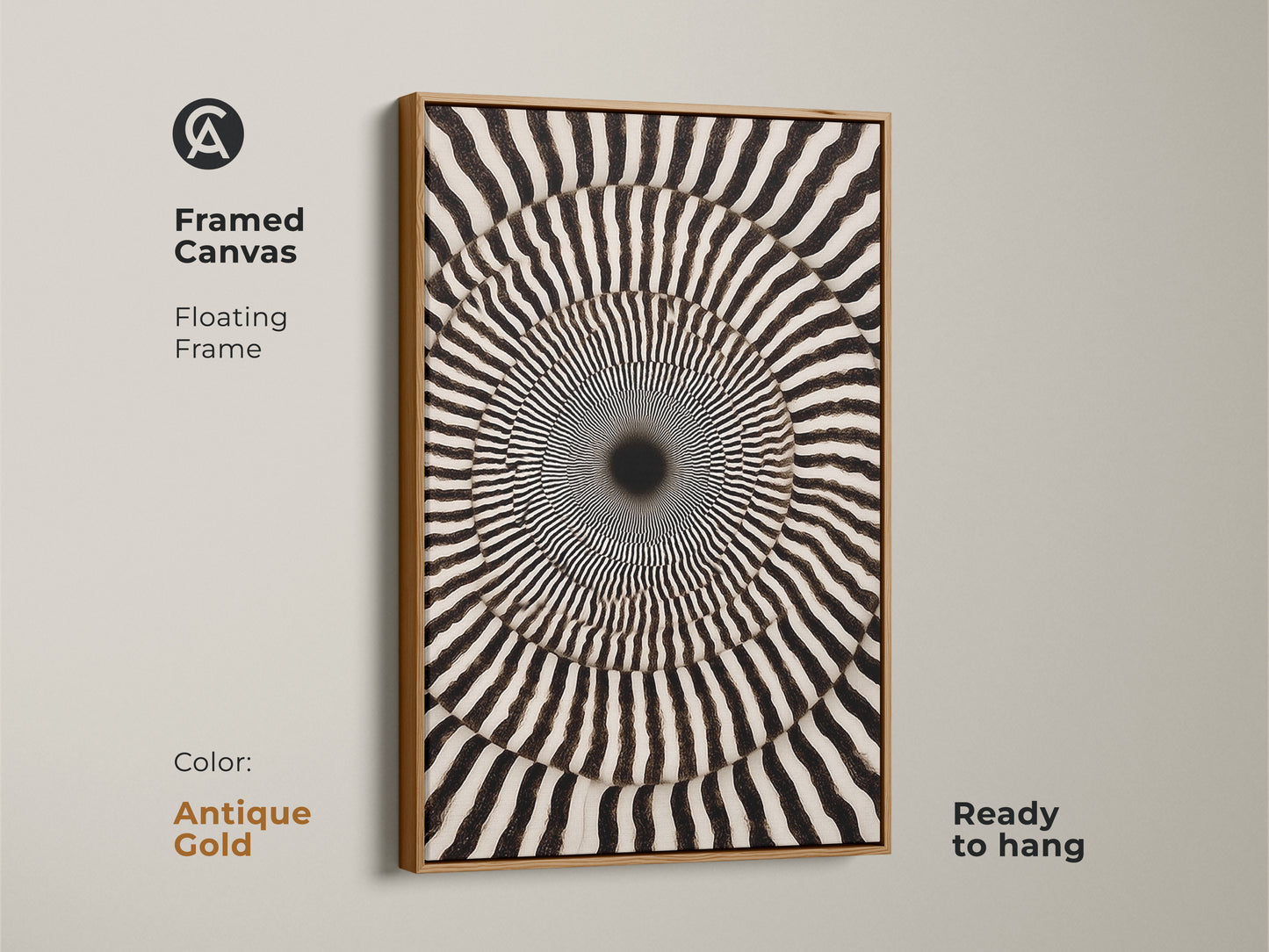 Framed Canvas featuring Black and White Abstract Art. Geometric Swirl Print creates Op Art Concentric Circles. The antique gold floating frame enhances the artwork. Ready to hang. This contemporary piece makes a thoughtful housewarming gift.