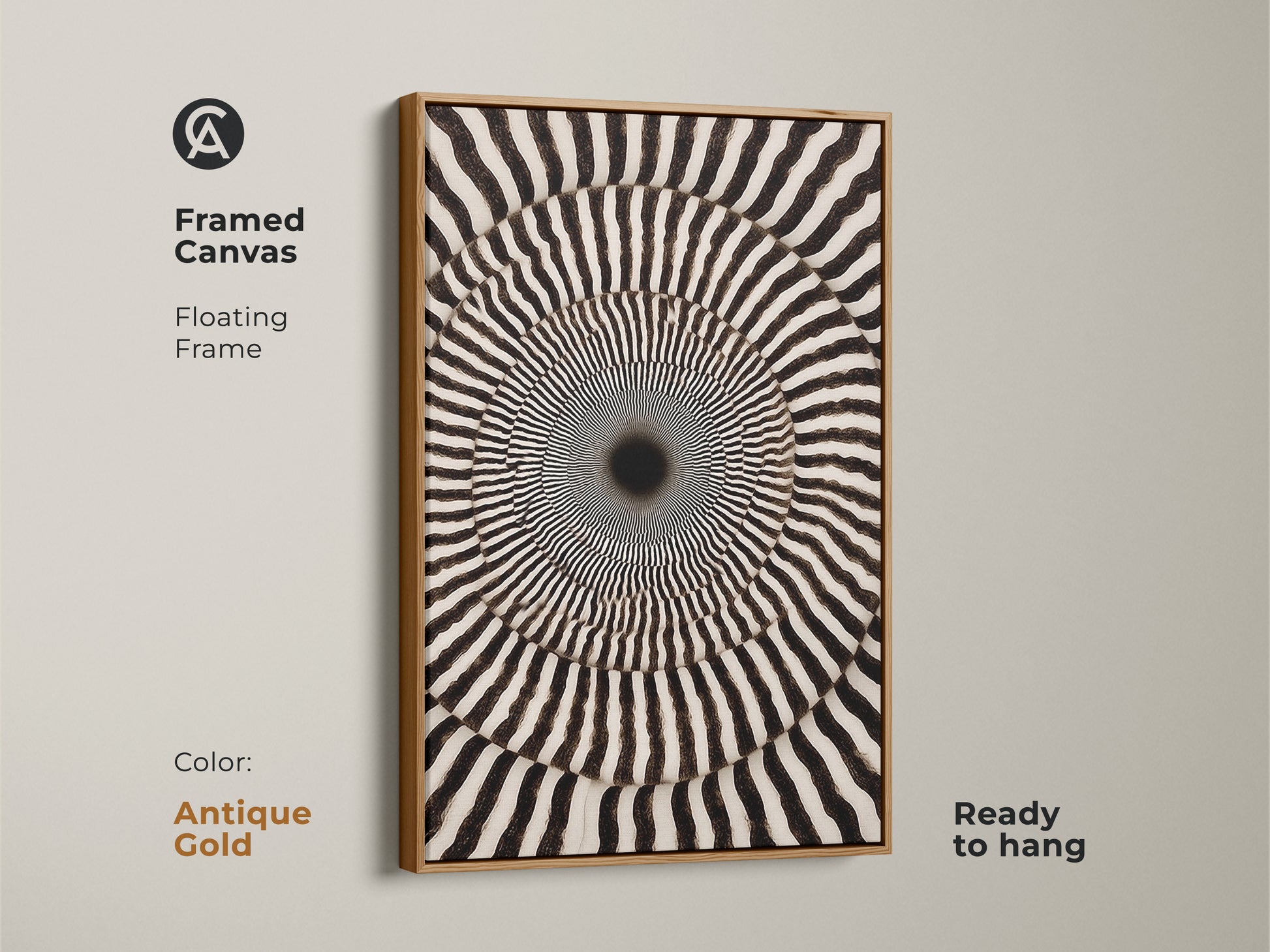 Framed Canvas featuring Black and White Abstract Art. Geometric Swirl Print creates Op Art Concentric Circles. The antique gold floating frame enhances the artwork. Ready to hang. This contemporary piece makes a thoughtful housewarming gift.