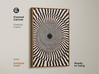 Framed Canvas featuring Black and White Abstract Art. Geometric Swirl Print creates Op Art Concentric Circles. The antique gold floating frame enhances the artwork. Ready to hang. This contemporary piece makes a thoughtful housewarming gift.