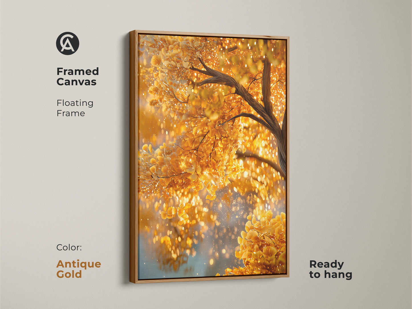 Framed canvas print of a golden tree with an antique gold floating frame. The frame complements the shimmering leaves perfectly. The artwork adds a touch of luxury to your living space. It arrives ready to hang.