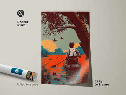 A poster print of vintage duck hunting canoe artwork. This piece presents a retro-style nature landscape. It's rolled in a tube for easy framing and display. The orange teal color scheme adds a rustic touch. A great art gift for dad or a duck hunter.