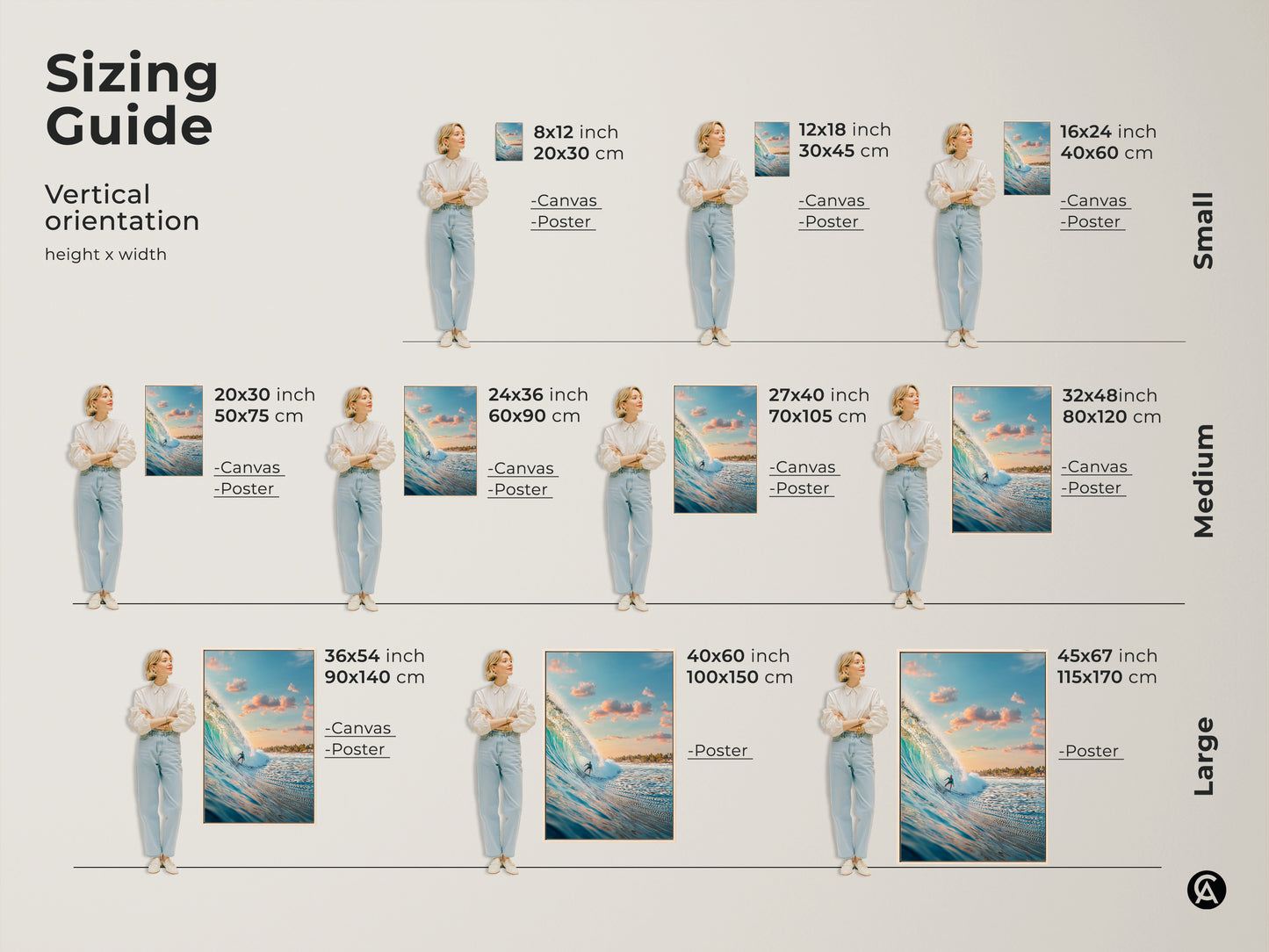 Find your perfect size with our vertical orientation sizing guide. Featuring a surfer artwork on canvas and poster. Visualize how each size fits in your space. Select the ideal dimensions to enhance your walls. Transform your home today.