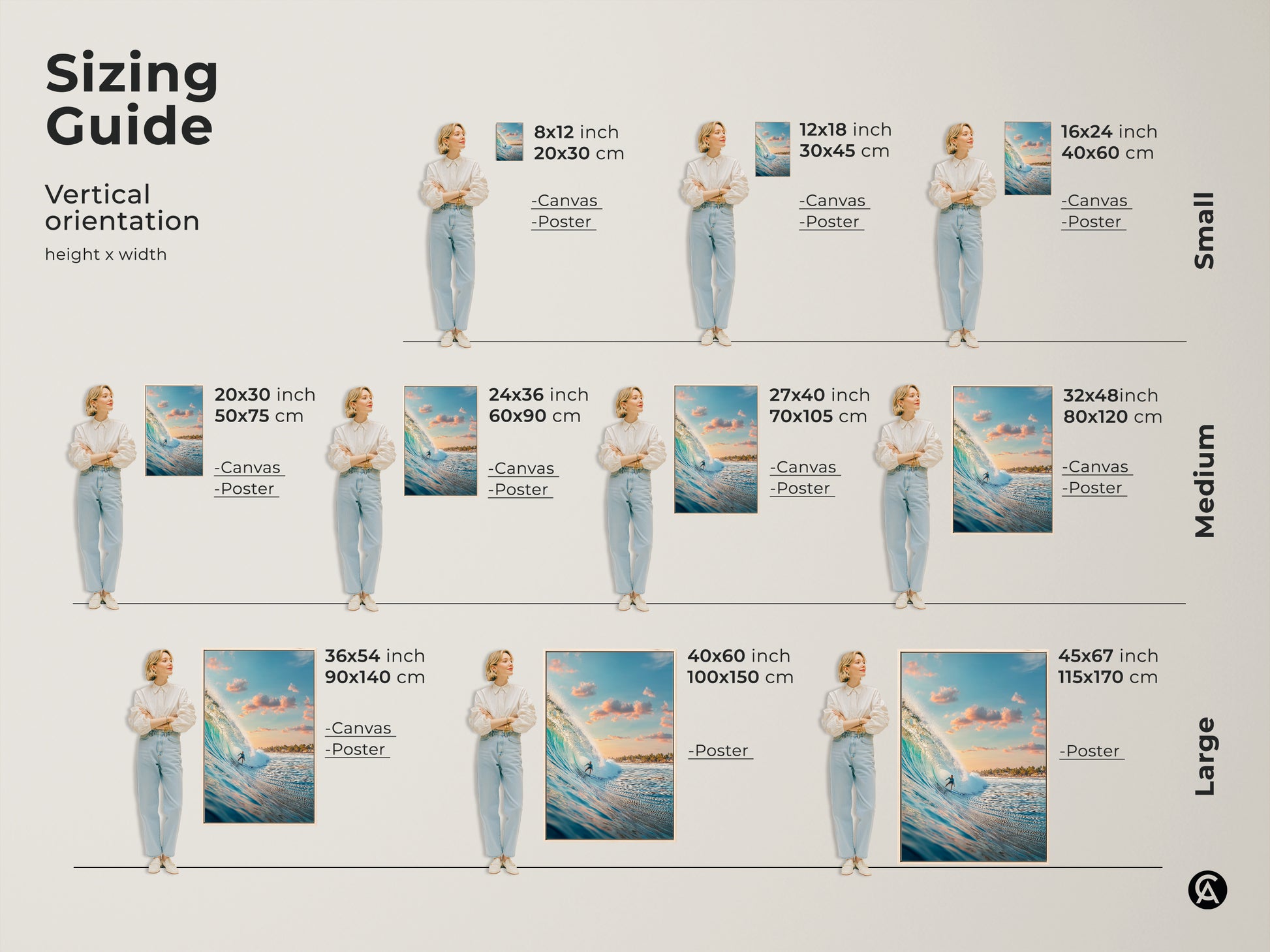 Find your perfect size with our vertical orientation sizing guide. Featuring a surfer artwork on canvas and poster. Visualize how each size fits in your space. Select the ideal dimensions to enhance your walls. Transform your home today.