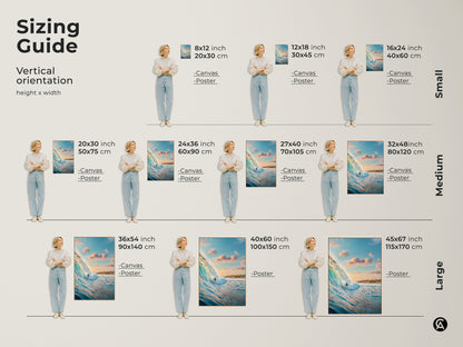 Find your perfect size with our vertical orientation sizing guide. Featuring a surfer artwork on canvas and poster. Visualize how each size fits in your space. Select the ideal dimensions to enhance your walls. Transform your home today.