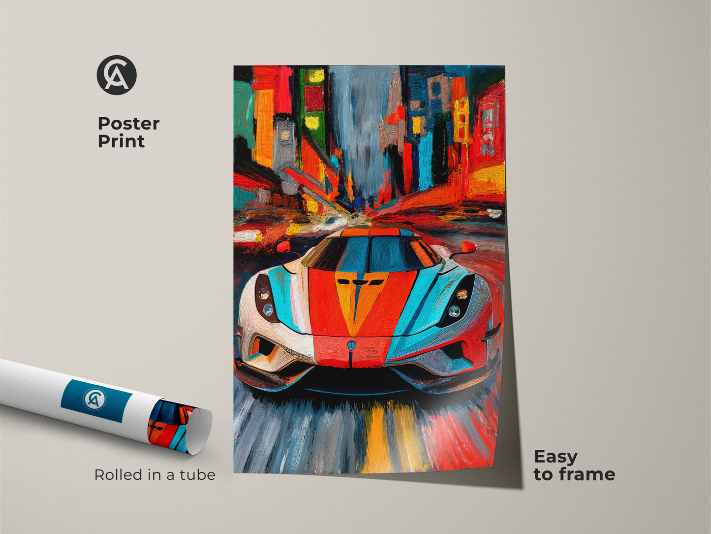Poster print of an abstract supercar and cityscape rolled in a tube. Easy to frame this modern art piece adds a contemporary touch to any space. The vibrant red blue and orange colors create a sense of speed and energy. A perfect gift for car enthusiasts and modern art lovers.