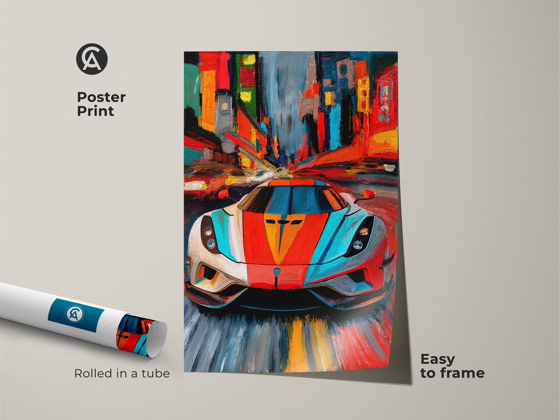 Poster print of an abstract supercar and cityscape rolled in a tube. Easy to frame this modern art piece adds a contemporary touch to any space. The vibrant red blue and orange colors create a sense of speed and energy. A perfect gift for car enthusiasts and modern art lovers.