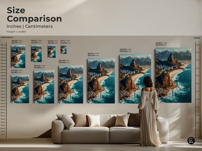 Size comparison of Rio de Janeiro art prints in inches and centimeters. See how Ipanema Beach and Christ the Redeemer canvas art looks above a couch. From small to extra-large choose the perfect size for your urban landscape art. A wanderlust decor addition