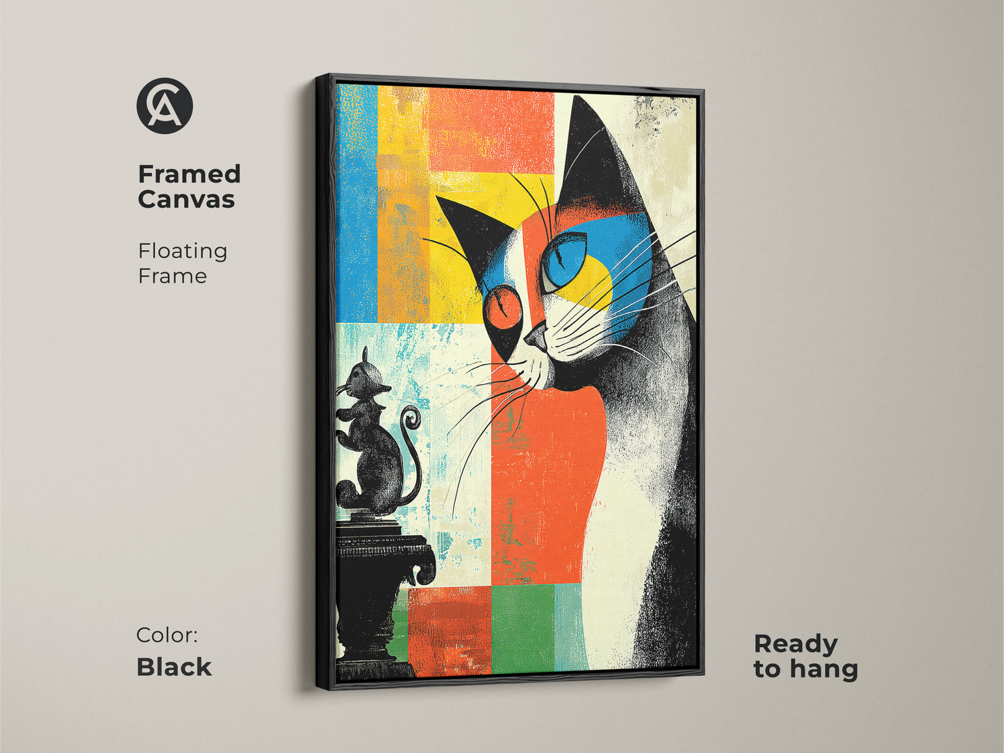 Framed canvas with a floating frame showcasing abstract cat artwork. The art features a mid-century modern design. Ready to hang and adds a touch of color. The black frame complements the blue yellow and orange tones.