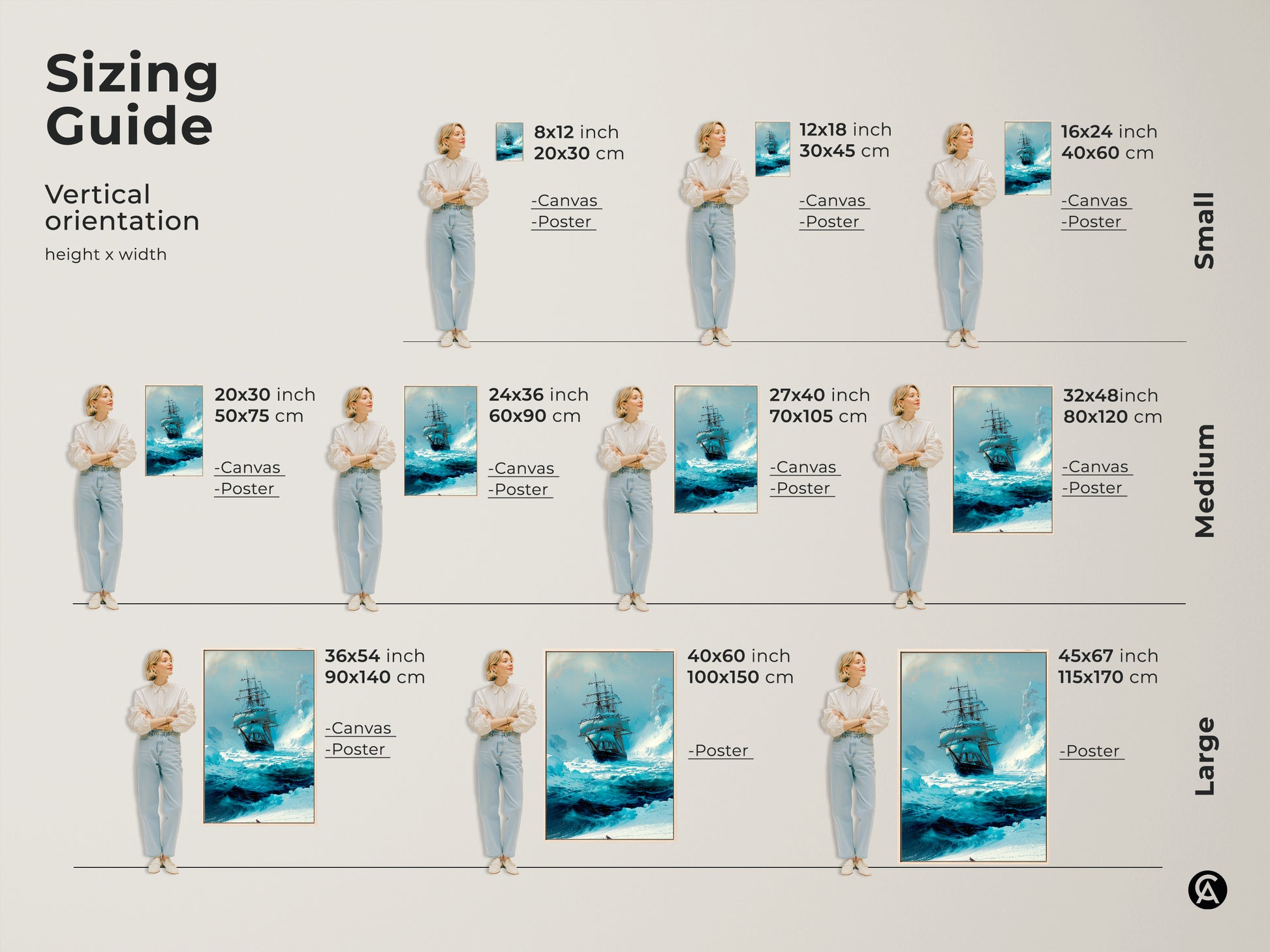This sizing guide shows the vertical orientation of nautical tall ship canvas and poster prints. This maritime artwork is available in sizes from small to large. Choose the perfect dimensions to enhance your office or home decor.